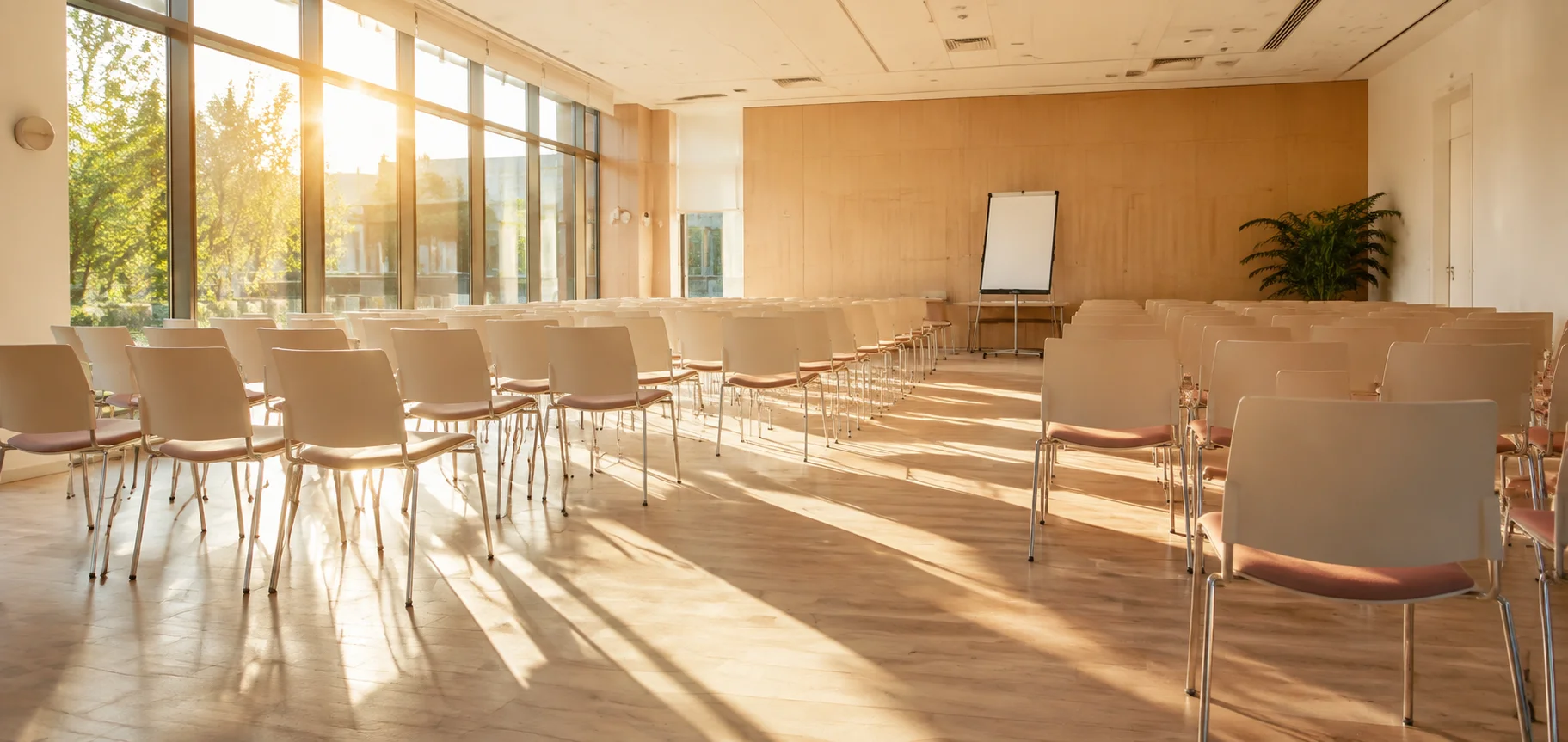 Une salle de formation lumineuse avec des chaises et un tableau